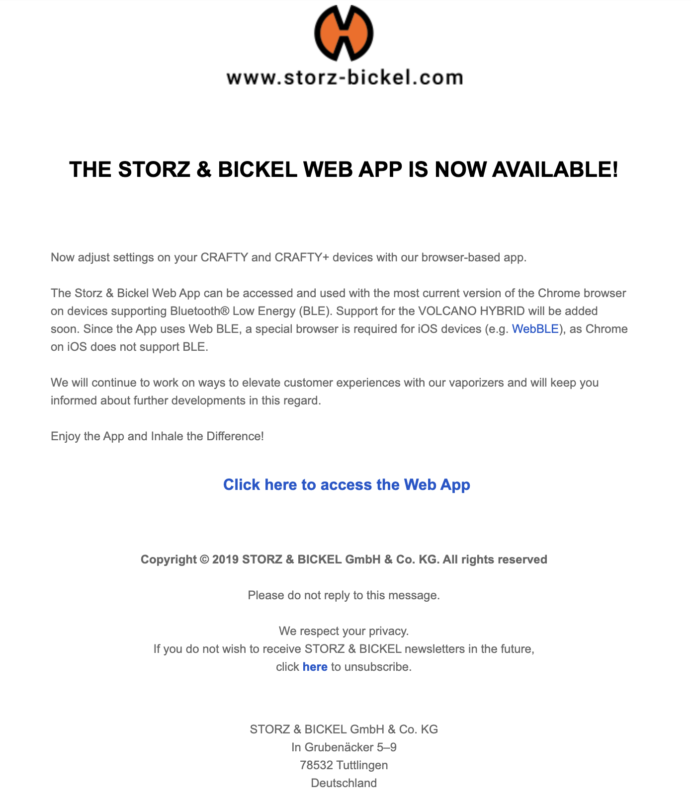 Storz and Bickel email about web app